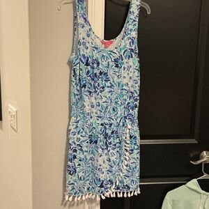 Blue Floral Sleeveless Dress with Tassels